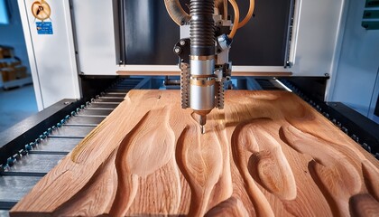close up of automated machine cutting wooden board creative professional machine for industrial carving of wooden products