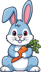 Adorable Blue Cartoon Rabbit Holding a Fresh Orange Carrot with Green Leaves, Cute Happy Bunny Character Illustration for Children's Books, Easter, and Animal Themes, Perfect for Kids and Families