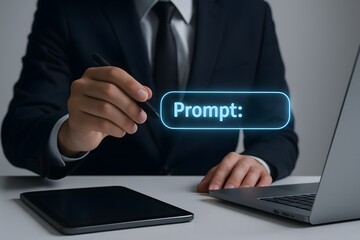 Businessman using stylus to interact with a glowing prompt interface on a digital display