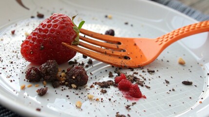 A single strawberry and berries are left on a plate with a fork