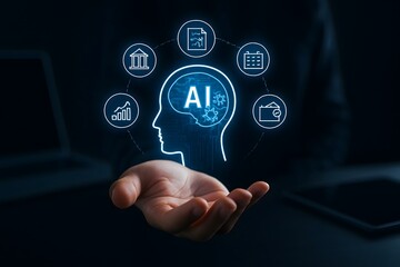 Human hand presenting artificial intelligence and its applications in business and finance
