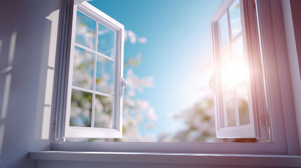 An open window lets fresh air flow inside, creating a bright and airy atmosphere that symbolizes freedom, nature, and calmness in a peaceful indoor setting. © Naufal