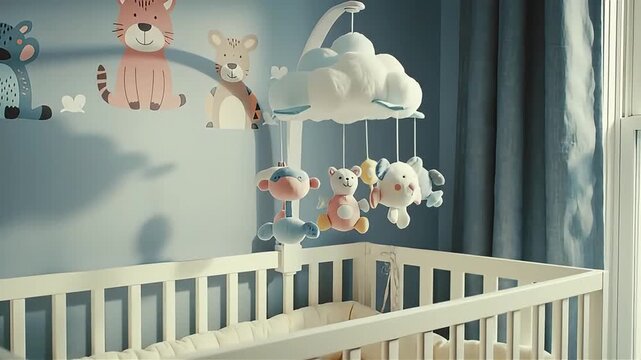 Nursery with crib and animal wall decals under soft light