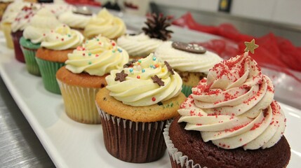 A delicious assortment of frosted cupcakes with festive decorations