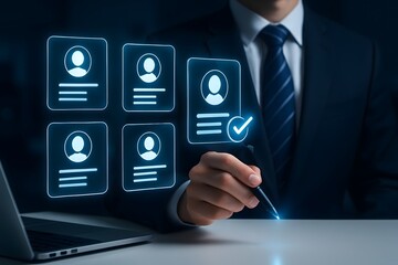 Human resources professional selecting a candidate from a digital profile grid