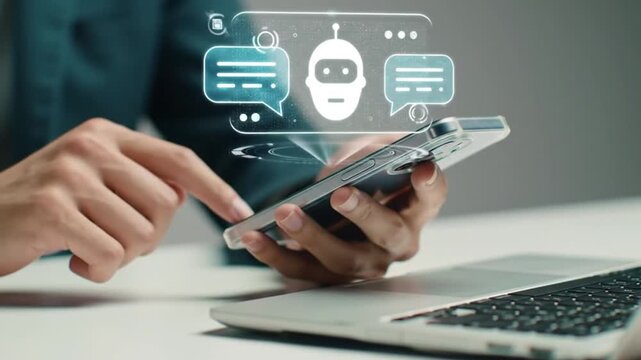 Man Uses Smartphone AI Chatbot Application Interface, Future Technology. Modern Mobile Phone, Laptop on Desk. Close-up, Focus. Tech, communication concept.