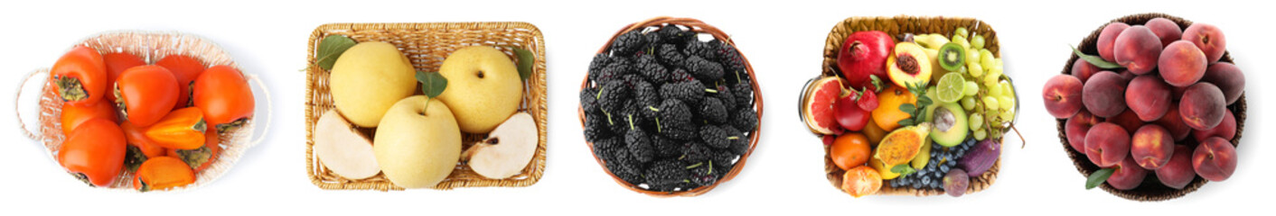 Many fresh fruits and berries in different baskets isolated on white, set. Top view