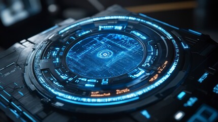 Close-up of a futuristic technological device with a glowing blue interface.