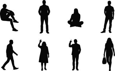 Silhouette collection of diverse people in various poses, walking, sitting, standing, waving, isolated on white background for design use