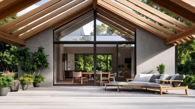 Serene Architectural Fly-Through of a Modern Cabin with a Wooden Deck Surrounded by Nature.