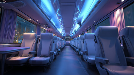 Modern and clean bus interior with comfortable seats, bright lighting, and spacious layout. Ideal for transportation, travel, and urban commuting themes.