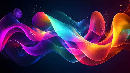 Abstract waves of vibrant colors flowing across a dark background, dotted with small particles.  Dynamic and energetic visual effect