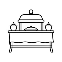 Banquet buffet table with covered dishes and food line icon vector illustration 