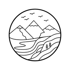 Mountain scenery with river, trees, clouds and birds in circle icon vector illustration 