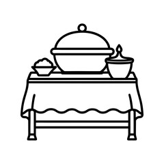 Catering buffet table with food containers and dishes, minimal event setup vector illustration 