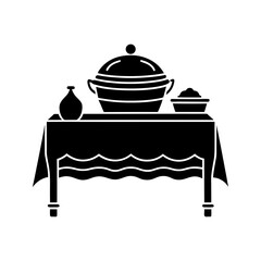 Decorated buffet table with covered dishes and utensils for catering event vector illustration 