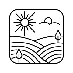 Line art of a nature landscape with trees, sun and clouds, outdoor scenery vector illustration 