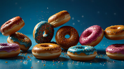 Colorful Flying Donuts with Sprinkles on Blue Background – Sweet Dessert Concept