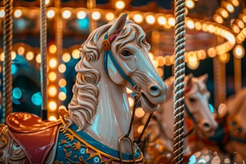 White carousel horse with gold and blue decorations waiting for children at amusement park, illuminated at night