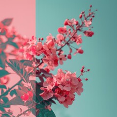 Fototapeta premium A close-up showcases delicate pink blossoms on a branch against a split teal and rose backdrop, with a stylized, slightly desaturated color palette