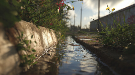 Naklejka premium Flowing drainage water along the roadside shows urban infrastructure and natural movement, highlighting environmental elements and street details in a clear daylight setting.