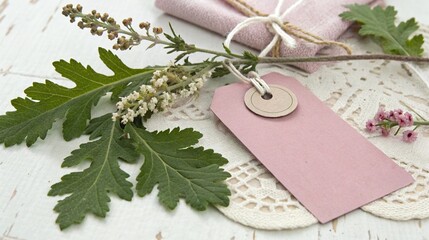 Delicate natural elements with a pink gift tag and twine on a white surface