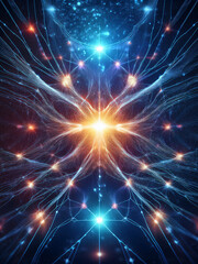Fototapeta premium Digital brain-inspired network with surreal glowing connections and nodes Surreal AI network with radiant light and branching neural pathways