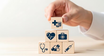 A hand stacks wooden blocks with health and medical icons, symbolizing healthcare