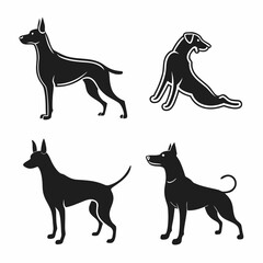 Four black dog silhouettes in various poses on white background animal