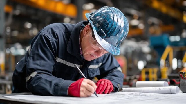 Diligent Engineer at Work: A focused engineer, adorned in a safety helmet and gloves, meticulously examines and annotates blueprints on a vast factory floor.