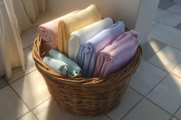 Obraz premium A wicker basket filled with pastel colored rolled towels on a tiled floor near a white curtain