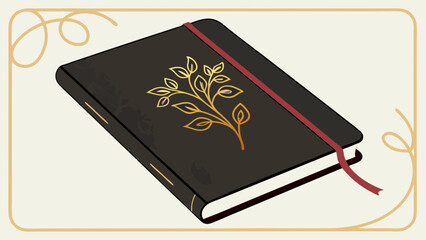 Obraz premium A closed black journal with a golden leaf design and a red ribbon bookmark on a cream colored background