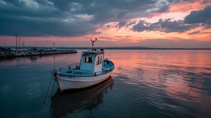 Naklejka premium Fishing boat gently bobbing on the water at sunset, with Le Morn Brabant in the background, capturing a peaceful and scenic landscape.