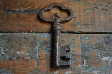 Antique key sits on a weathered wooden surface, evoking mystery and history
