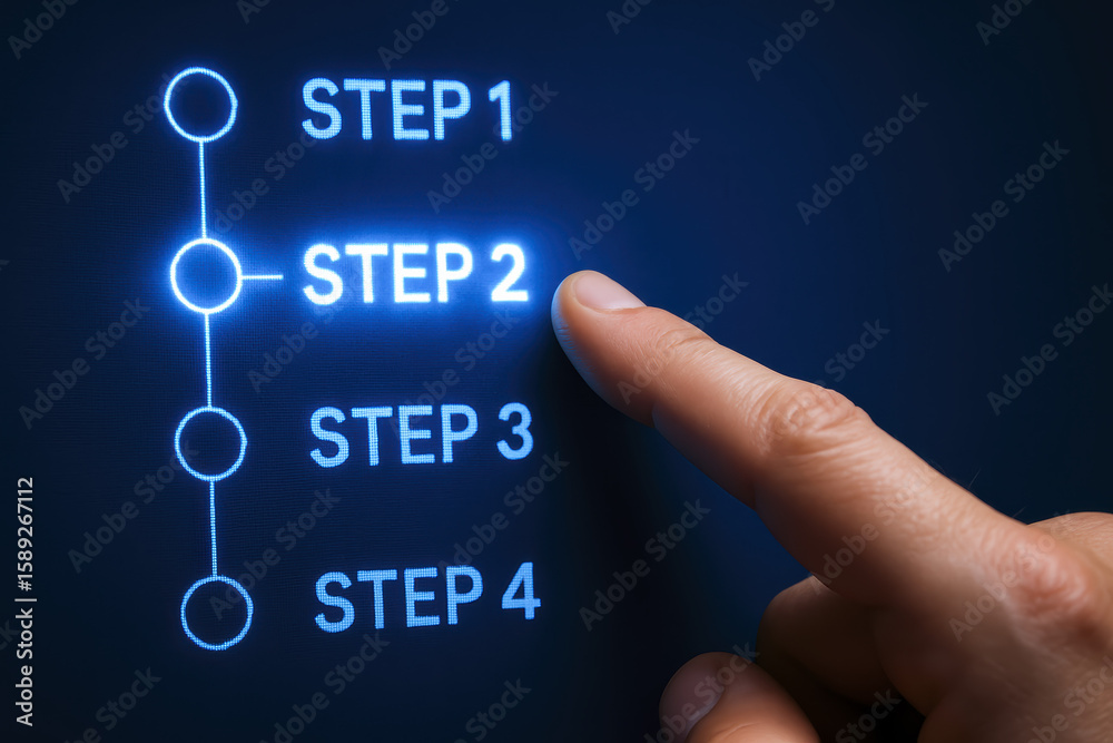 Poster progress and focus drive advancement in business processes highlighted by a selecting the current st