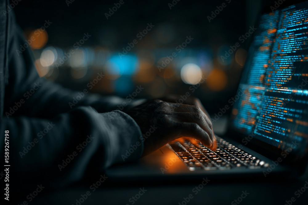Poster person typing on a laptop keyboard with code displayed on the screen in a dark setting