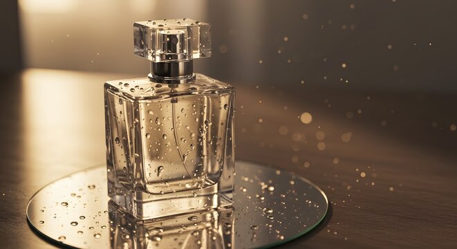 Close-up of clear perfume bottle with water droplets, placed on mirror with sunlight reflections, no logo.