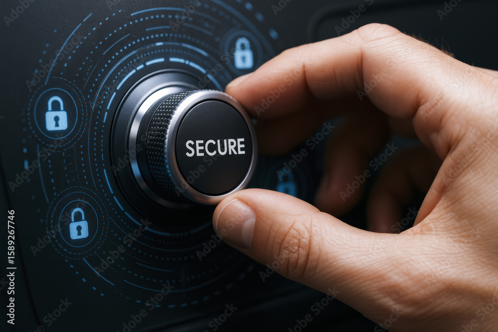 Poster a adjusts a dial on a secure digital dashboard symbolizing protection and control in data management