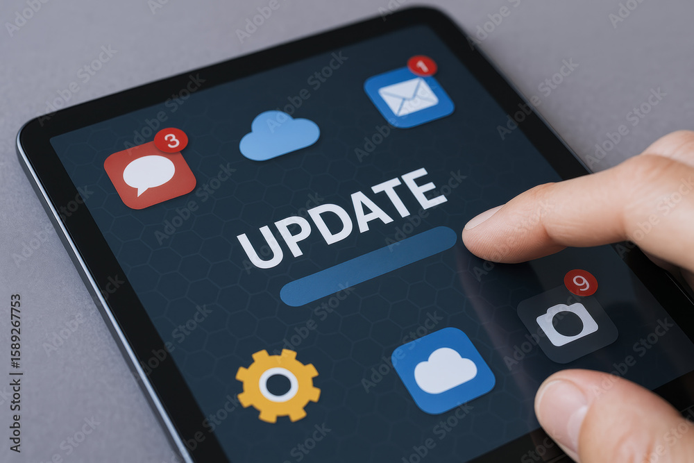 Poster a interacts with a tablet showing a progress bar next to app icons and notification badges symbolizi