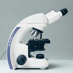 Close-up of a white compound light microscope used in laboratories for magnifying small specimens, placed against a neutral background.
