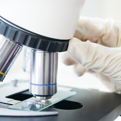 Close-up of a gloved hand adjusting the objective lenses of a compound microscope, highlighting precision work in scientific research.