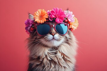 Obraz premium Cute Cat Wearing Sunglasses and Flower Crown Against a Pink Background During a Sunny Day