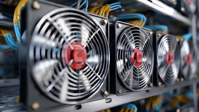 Mining Rig Power: A close-up view of a cryptocurrency mining rig, showcasing rows of high-performance cooling fans essential for maintaining optimal operational temperatures within the system.