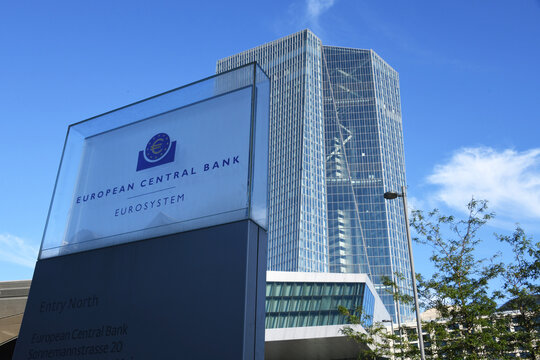 Frankfurt, Hesse, Germany - June 29, 2025: Sign at the entrance of European Central Bank headquarters in Frankfurt, Germany - the ECB is the central bank for the euro