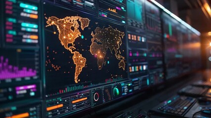 Abstract digital world map with futuristic dashboard and data stream displays - Powered by Adobe