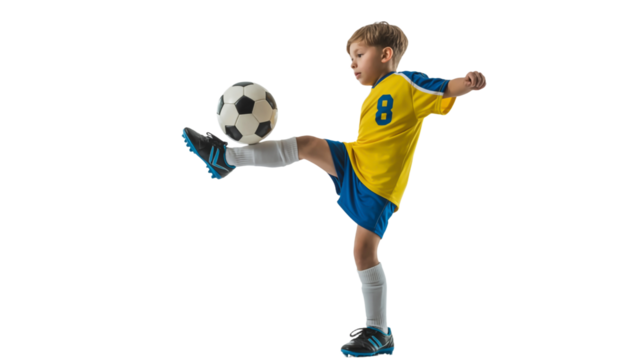 Boy in yellow blue soccer uniform doing high kick