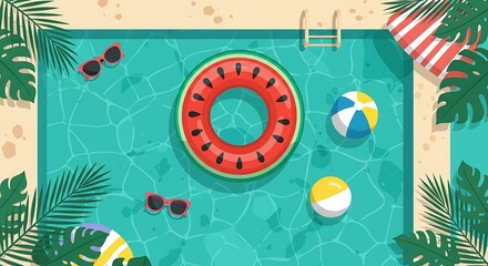 Fototapeta premium Overhead view of a swimming pool with summer-themed accessories, ready for fun.