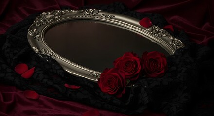 Editorial shot of black lace, red roses, and antique mirror on a velvet surface – dark romantic Halloween theme.