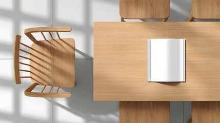 Overhead View of Minimalist Dining Set with Hardcover Book Mockup on Wooden Table