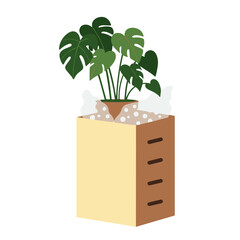 Potted houseplant wrapped in bubble wrap and placed in a shipping box with slots. Flat vector style on a transparent background.